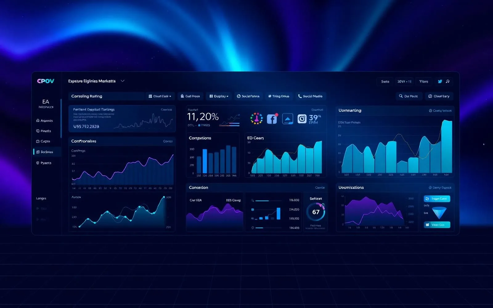 Enterprise digital marketing analytics dashboard with campaign metrics and SEO graphs