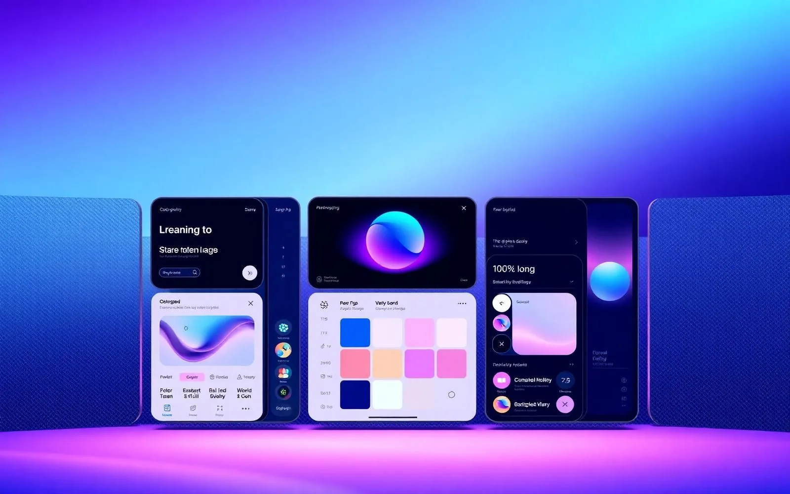 Floating UI design boards, wireframes and 3D UI cards on a gradient mesh